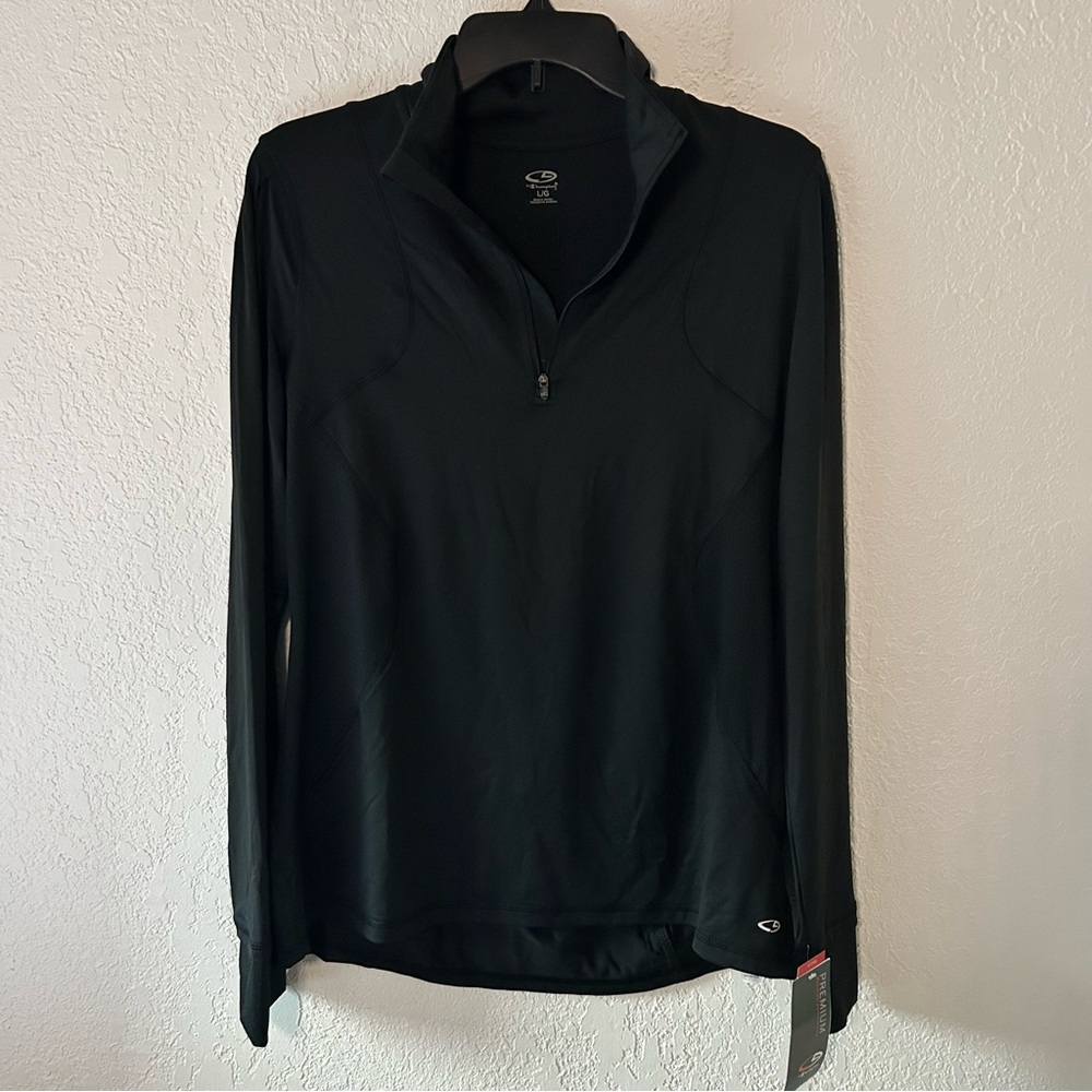 NWT Champion Womens L Duo Dry Max 1/4 zip Black L/S Fitted Pullover Athleticwear